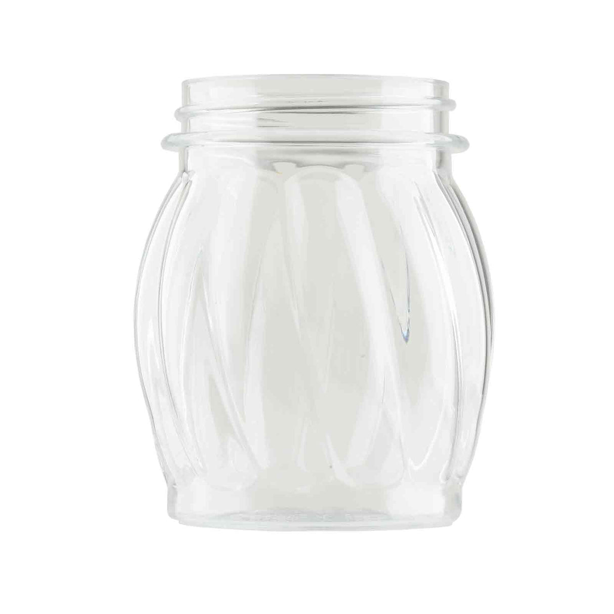 The TableCraft Swirl Shaker Jar is a clear, empty 6 oz. glass jar with a wide mouth and curving sides featuring a subtle swirl pattern. Photographed against a plain white background, the lid is not visible.