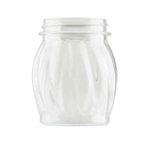 The TableCraft Swirl Shaker Jar is a clear, empty 6 oz. glass jar with a wide mouth and curving sides featuring a subtle swirl pattern. Photographed against a plain white background, the lid is not visible.