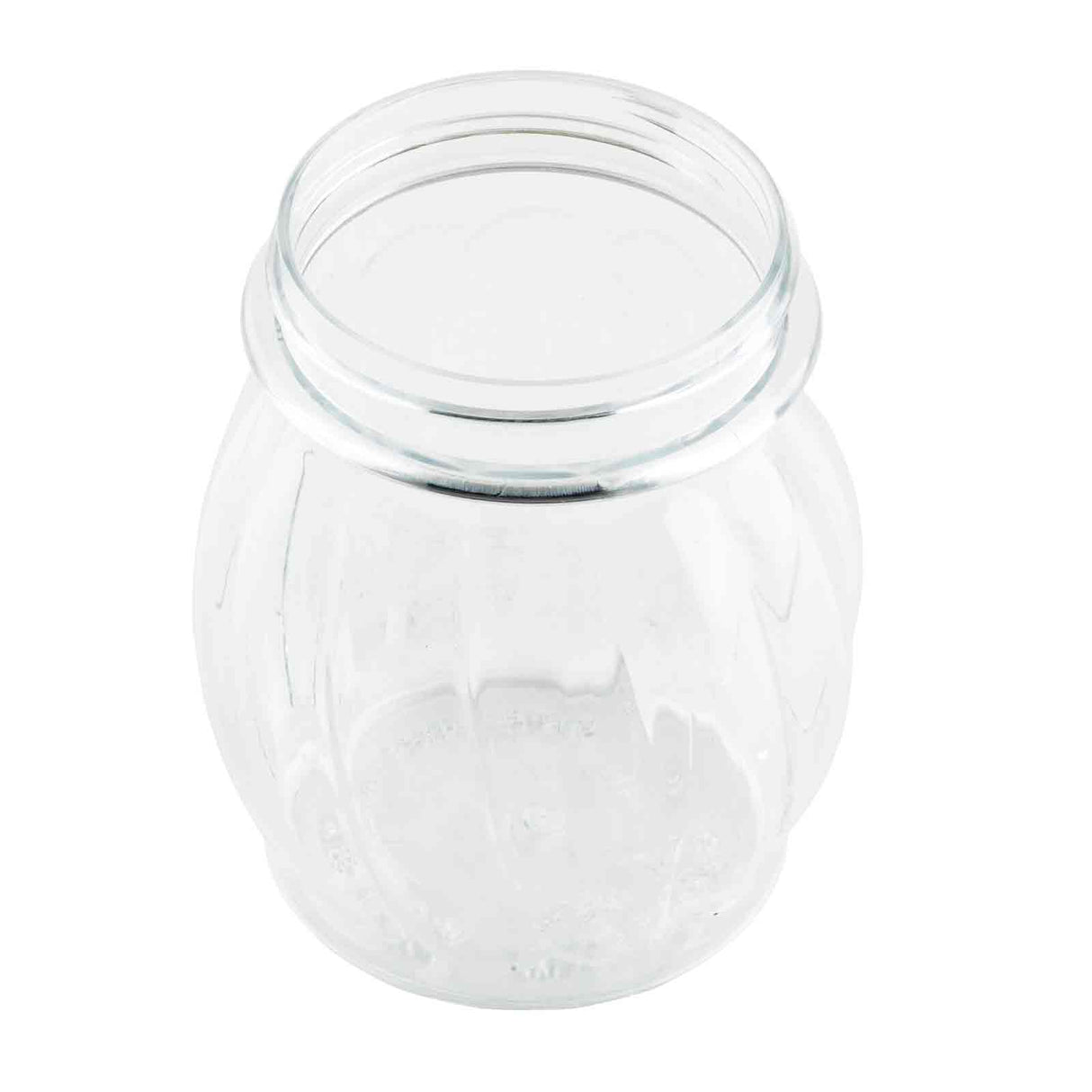 A clear, empty TableCraft Swirl Shaker Jar with a round, ribbed body and a wide, open mouth. This 6 oz. jar is photographed from a slightly elevated angle on a white background, highlighting its transparent surface and simple design.