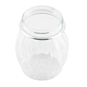 A clear, empty TableCraft Swirl Shaker Jar with a round, ribbed body and a wide, open mouth. This 6 oz. jar is photographed from a slightly elevated angle on a white background, highlighting its transparent surface and simple design.