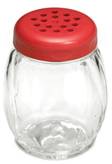 A clear, round glass shaker jar with a red BPA free plastic lid featuring multiple evenly spaced holes. Empty and dishwasher safe, the lid is designed for dispensing spices, cheese, or seasonings with ease.