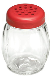 A clear, round glass shaker jar with a red BPA free plastic lid featuring multiple evenly spaced holes. Empty and dishwasher safe, the lid is designed for dispensing spices, cheese, or seasonings with ease.