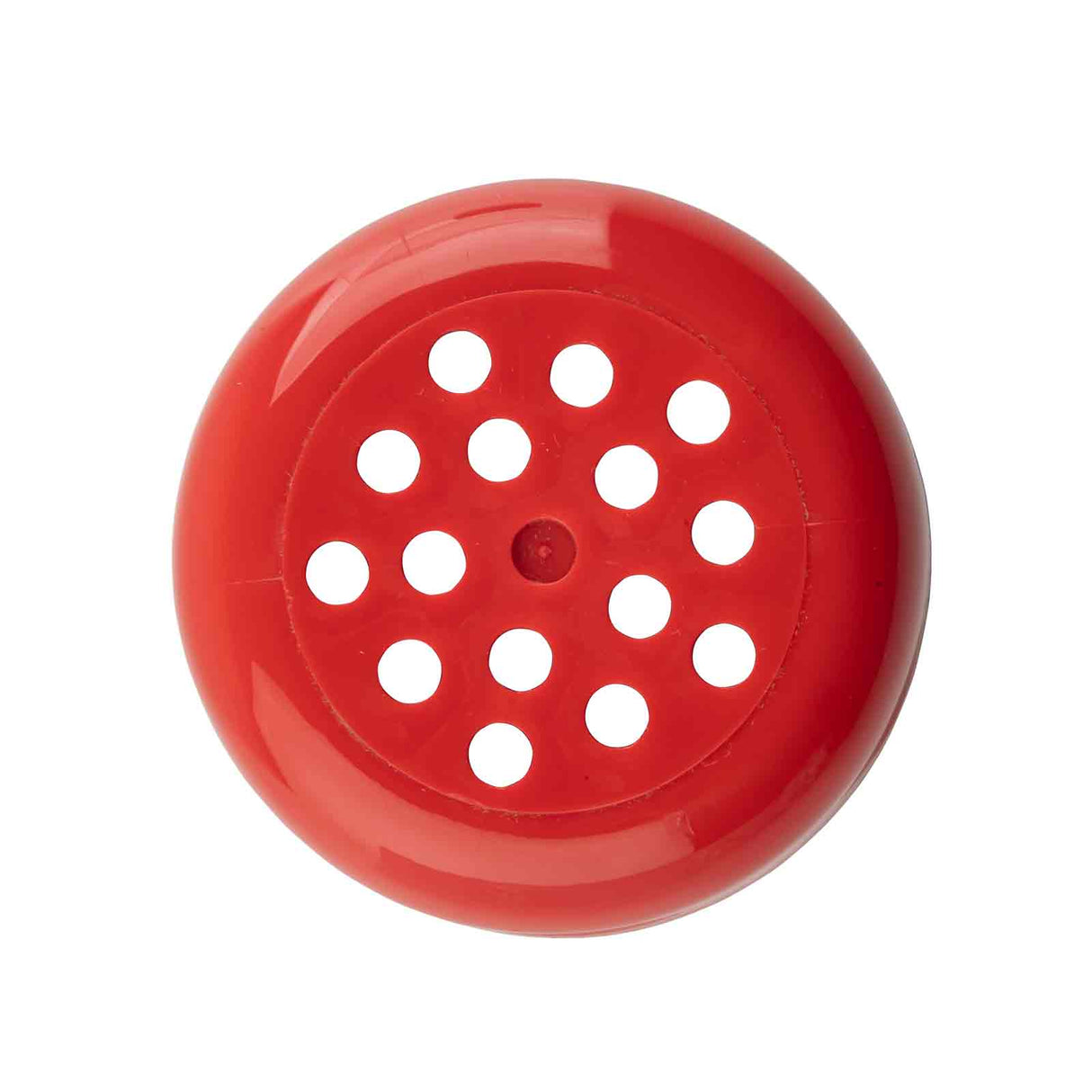 A round, red plastic shaker with a glossy finish seen from above. BPA free and dishwasher safe, it features a central small hole surrounded by twelve evenly spaced holes in a circular pattern, resembling part of a toy or buzzer.