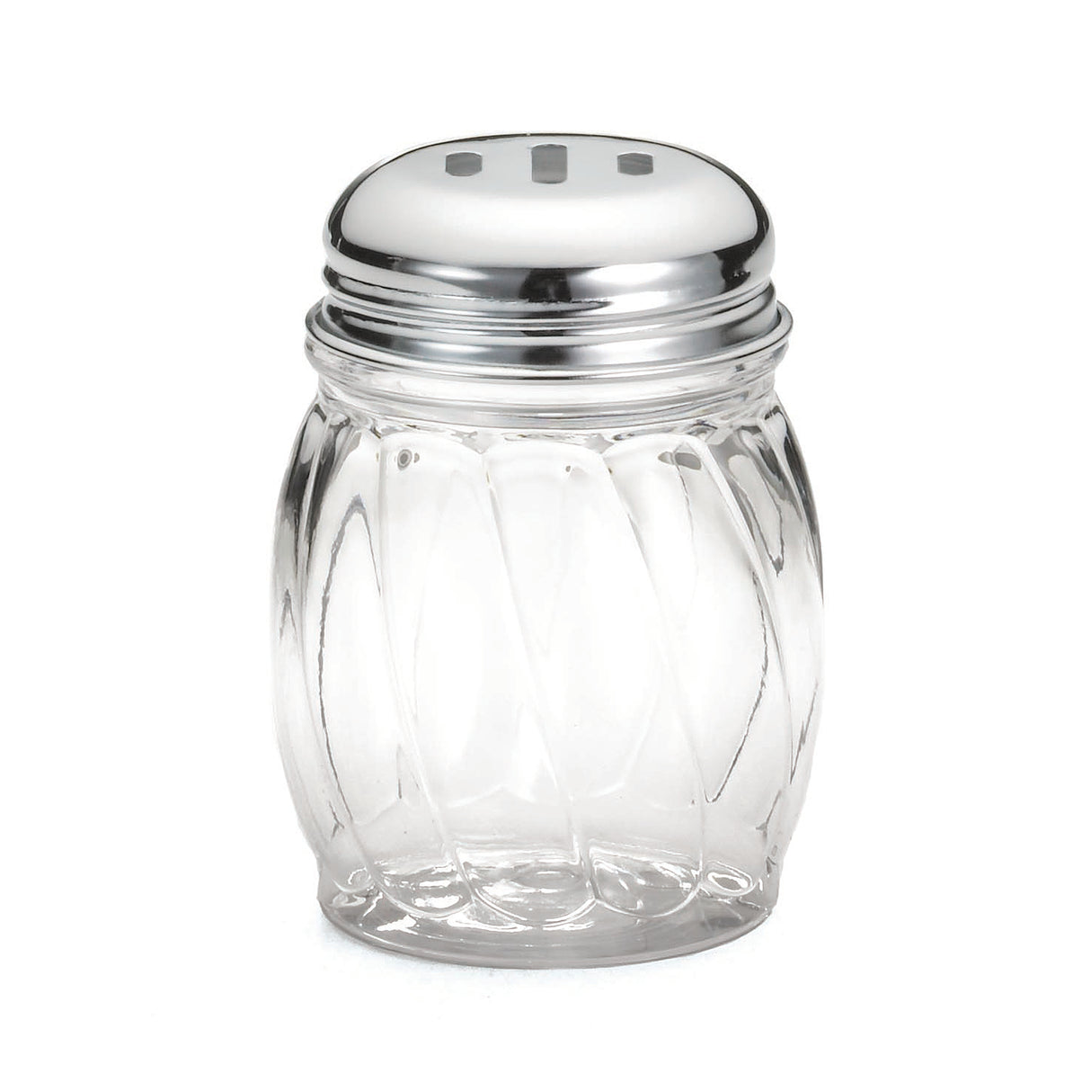 A clear glass shaker with a swirl pattern, this BPA free shaker features a shiny, silver-colored metal lid with three oval holes. The empty shaker stands upright against a plain white background.