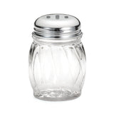 A clear glass shaker with a swirl pattern, this BPA free shaker features a shiny, silver-colored metal lid with three oval holes. The empty shaker stands upright against a plain white background.