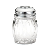 A clear glass shaker with a swirl pattern, this BPA free shaker features a shiny, silver-colored metal lid with three oval holes. The empty shaker stands upright against a plain white background.