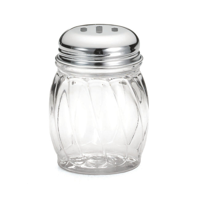 A clear glass shaker with a swirl pattern, this BPA free shaker features a shiny, silver-colored metal lid with three oval holes. The empty shaker stands upright against a plain white background.