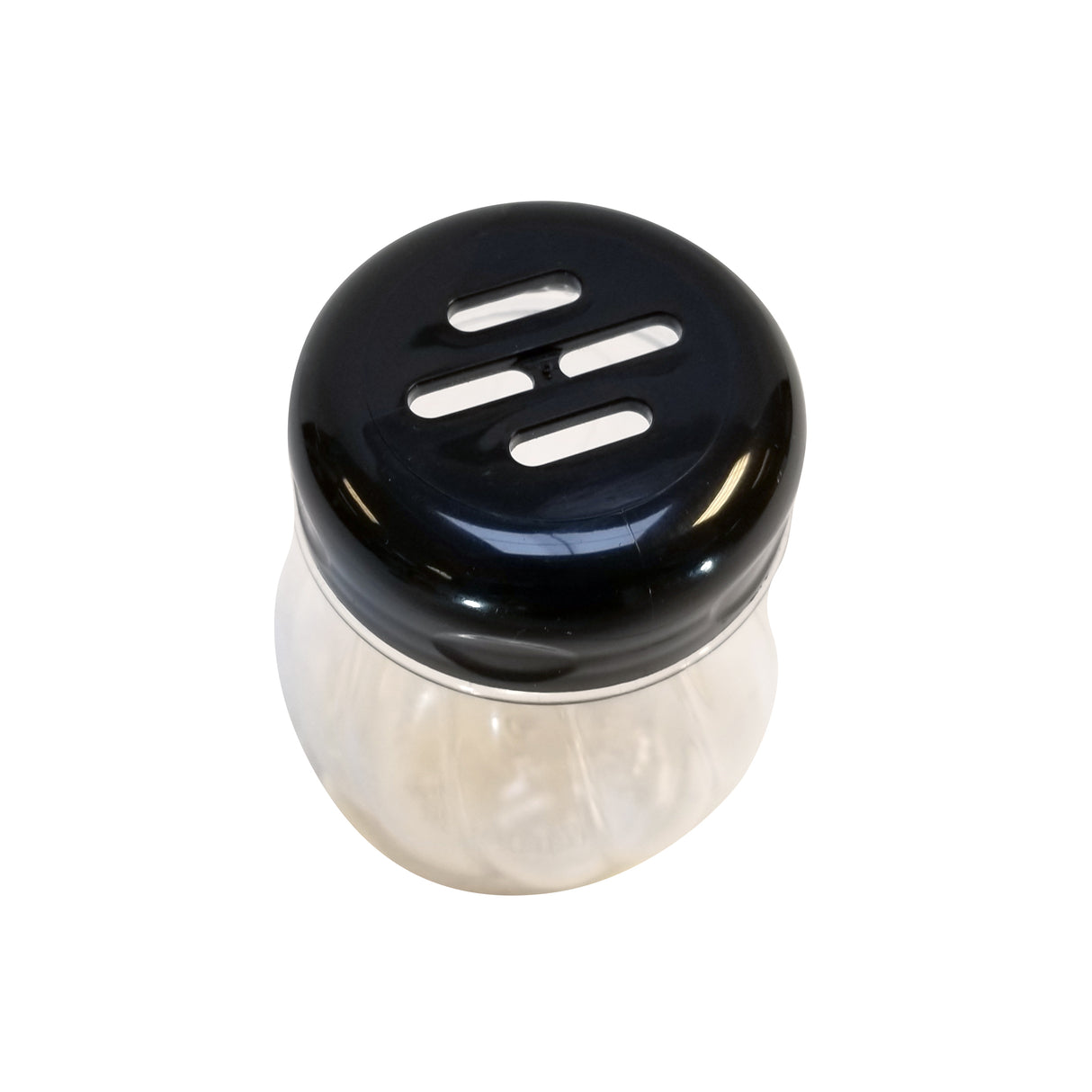 A clear, BPA free glass shaker with a black plastic lid featuring three large horizontal slots. The dishwasher safe shaker is mostly empty and sits against a plain white background.