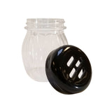 A clear, BPA free plastic shaker jar with a wide mouth and textured sides is shown, its black lid with three rectangular slots resting in front. Ideal for dispensing cheese or spices, this jar is dishwasher safe. The background is white.