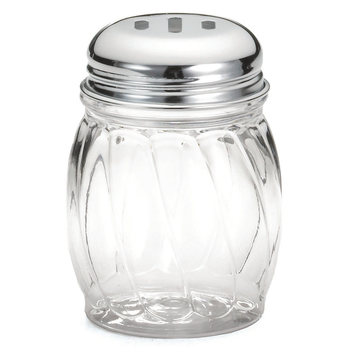 A clear, empty polycarbonate shaker jar with a silver metal lid featuring three oval holes. The BPA free jar has vertical, twisted ridges for grip and a simple, rounded shape. The background is plain white.