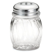 A clear, empty polycarbonate shaker jar with a silver metal lid featuring three oval holes. The BPA free jar has vertical, twisted ridges for grip and a simple, rounded shape. The background is plain white.