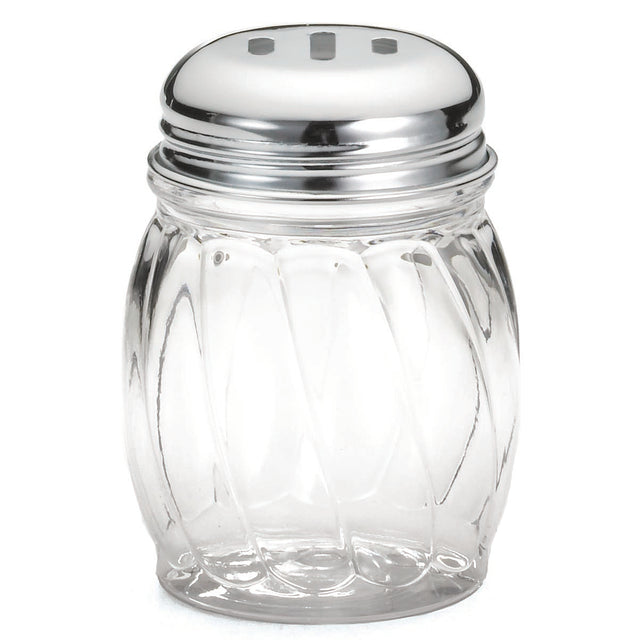 A clear, empty polycarbonate shaker jar with a silver metal lid featuring three oval holes. The BPA free jar has vertical, twisted ridges for grip and a simple, rounded shape. The background is plain white.