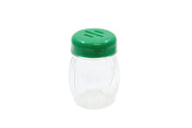 A small, clear BPA free plastic shaker jar with a green lid featuring three rectangular holes. The empty jar sits on a white background.