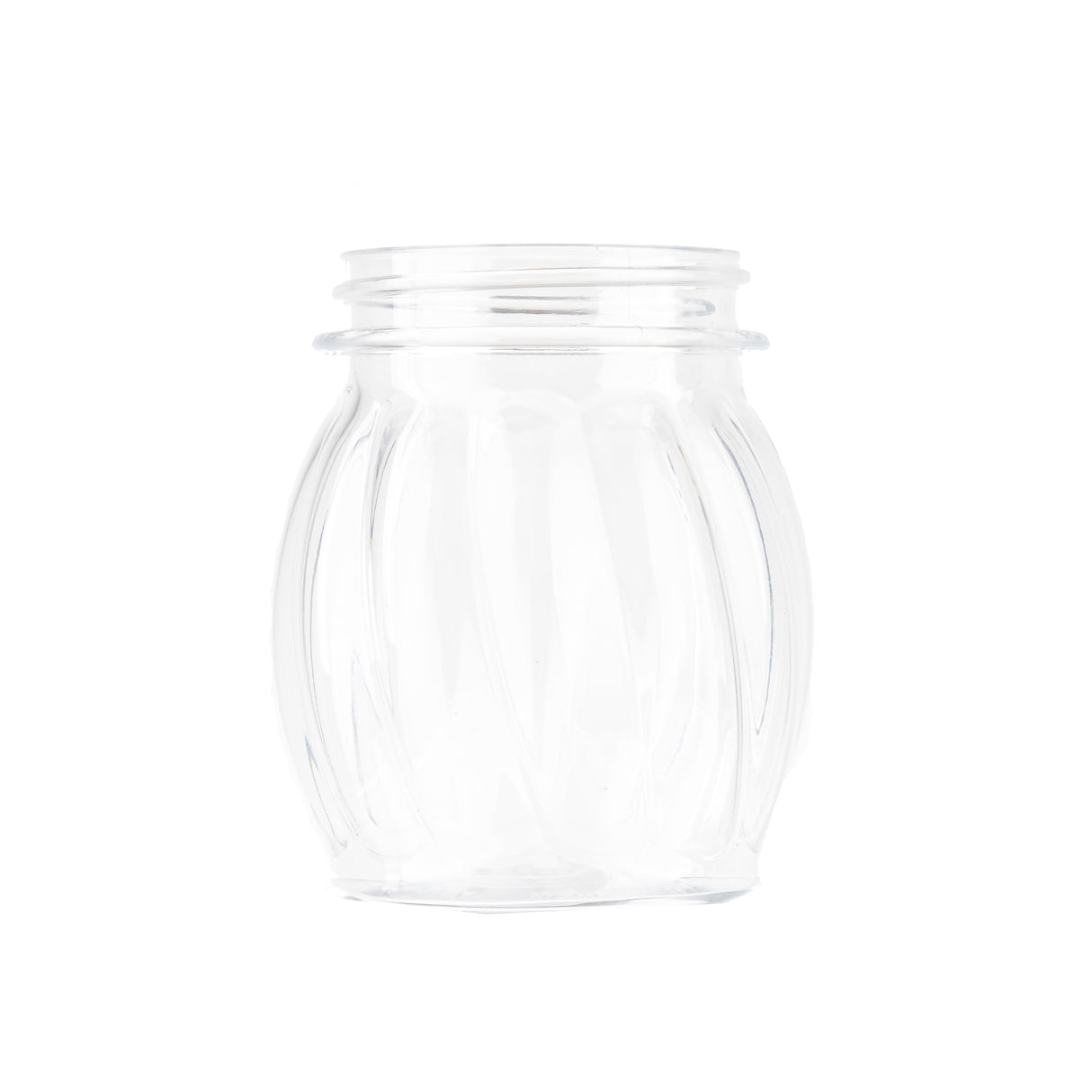 A clear, empty glass jar with a wide mouth, subtle vertical grooves, and a red slotted plastic top. The jar’s rounded body tapers slightly at the top and bottom. BPA Free, it rests against a plain white background.
