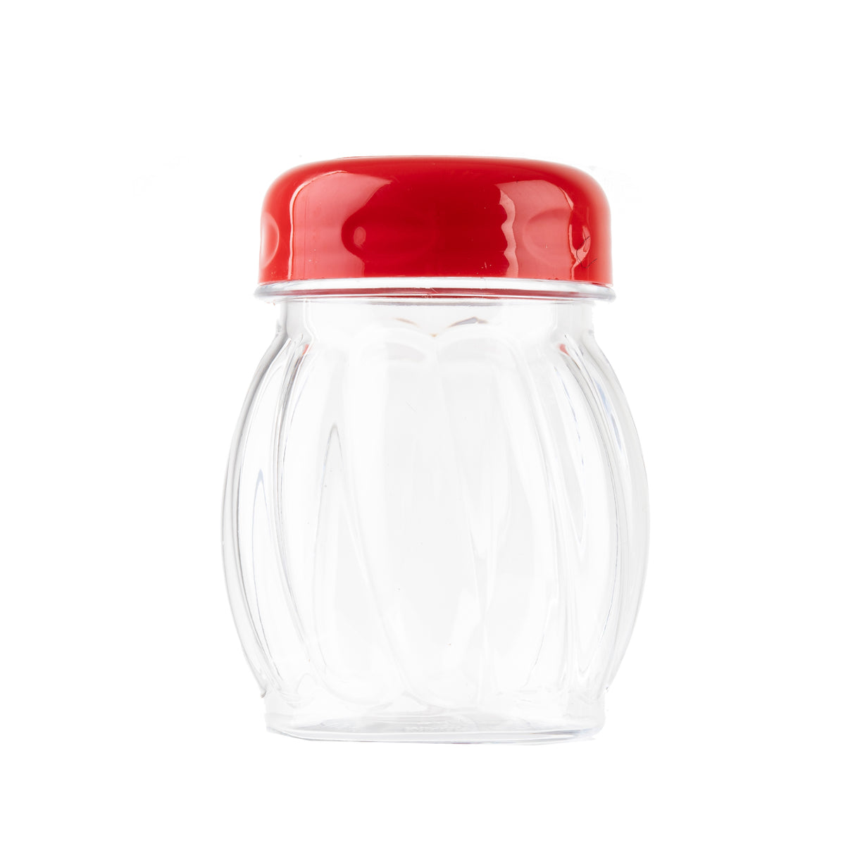 A clear, empty glass jar with a round body and vertical grooves, topped with a smooth, bright red slotted plastic top. This BPA Free shaker is centered on a plain white background.