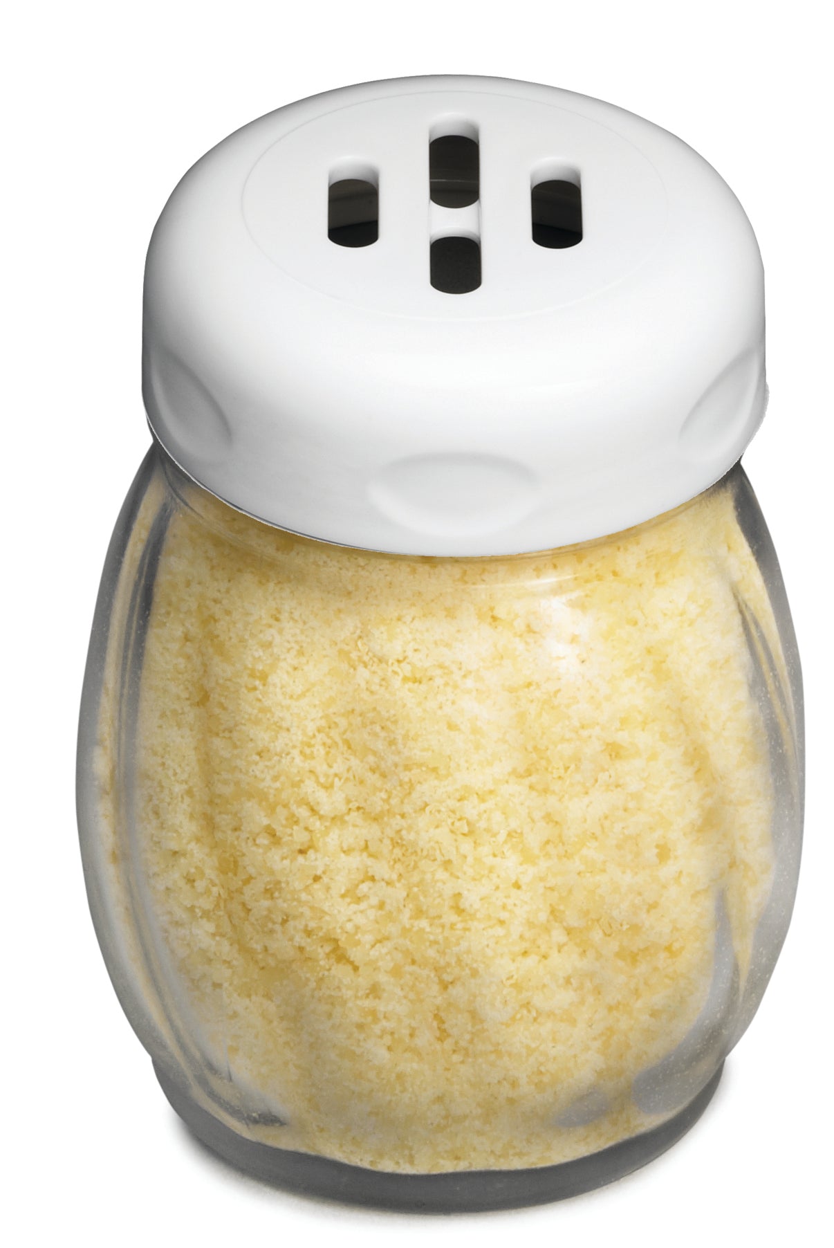 A clear, BPA free glass shaker filled with pale yellow grated Parmesan cheese, topped with a white, vented plastic lid featuring three oval holes. The shaker is dishwasher safe and set against a white background.