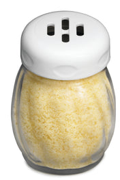 A clear, BPA free glass shaker filled with pale yellow grated Parmesan cheese, topped with a white, vented plastic lid featuring three oval holes. The shaker is dishwasher safe and set against a white background.