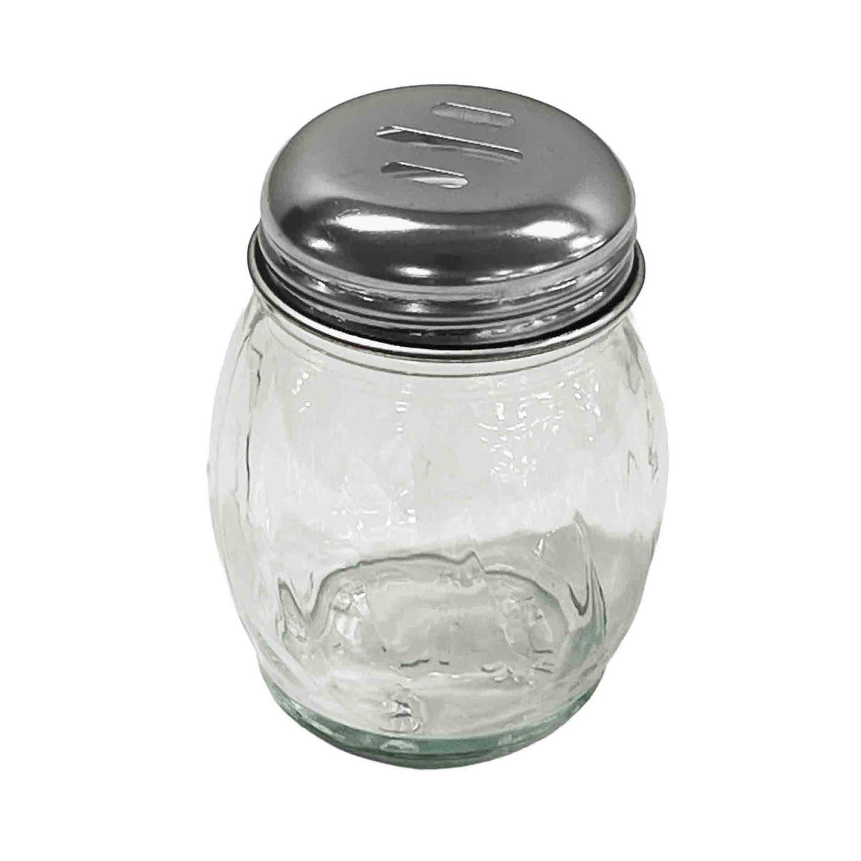 A clear, empty polycarbonate jar with a rounded shape and a silver metal lid. The BPA free lid has three small diagonal slits, suggesting it is a shaker for dispensing sugar or grated cheese. The jar sits upright on a white background.