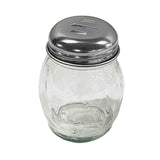A clear, empty polycarbonate jar with a rounded shape and a silver metal lid. The BPA free lid has three small diagonal slits, suggesting it is a shaker for dispensing sugar or grated cheese. The jar sits upright on a white background.