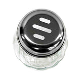 A clear glass shaker jar with a metal lid viewed from above; the lid has three rectangular holes arranged diagonally, designed for dispensing contents like salt or pepper. The fluted, transparent shaker body is empty and BPA Free.