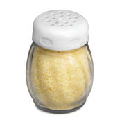 A clear glass, BPA free shaker filled with grated Parmesan cheese, topped with a white plastic lid featuring multiple round holes for sprinkling. The container is slightly rounded with vertical grooves and sits on a plain white background.