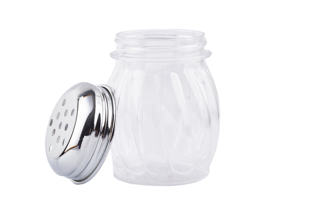 A clear, BPA free glass shaker with a decorative swirl pattern, shown with its round, metal perforated lid removed and resting upright beside it, all set against a plain white background.