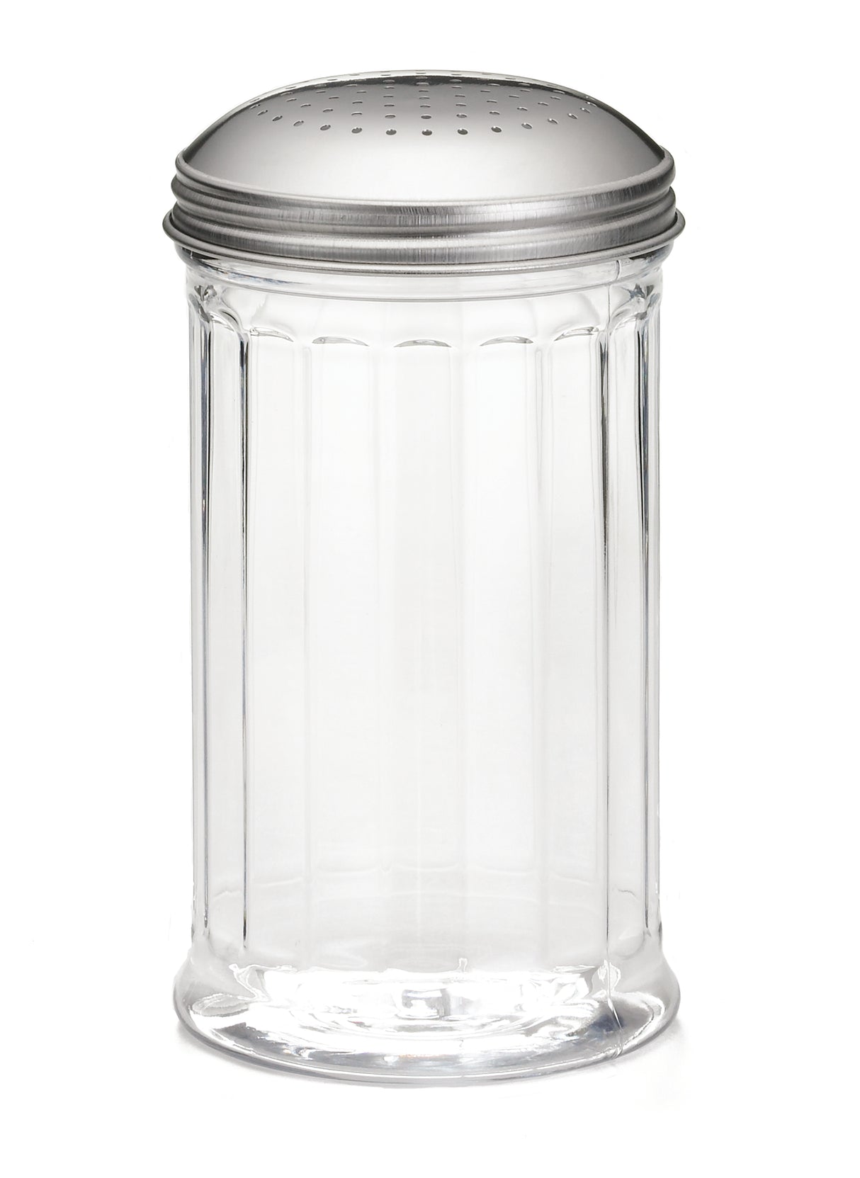 A clear glass shaker with vertical ridges and a round, stainless steel perforated top, viewed from the front against a white background.