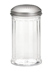 A clear glass shaker with vertical ridges and a round, stainless steel perforated top, viewed from the front against a white background.