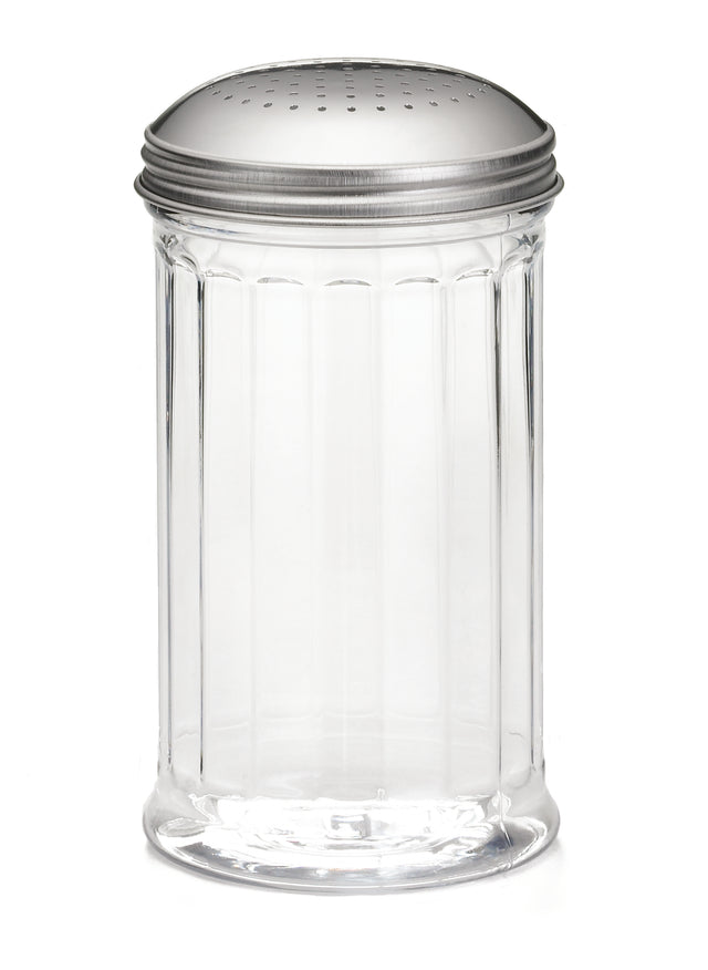 A clear glass shaker with vertical ridges and a round, stainless steel perforated top, viewed from the front against a white background.
