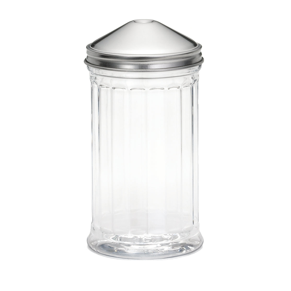 A tall, clear glass jar with vertical ridges and a stainless steel lid. The lid is silver, dome-shaped with a small dip in the center. The jar is empty and stands upright on a white background.