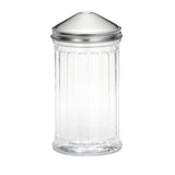 A tall, clear glass jar with vertical ridges and a stainless steel lid. The lid is silver, dome-shaped with a small dip in the center. The jar is empty and stands upright on a white background.