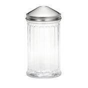 A tall, clear glass jar with vertical ridges and a stainless steel lid. The lid is silver, dome-shaped with a small dip in the center. The jar is empty and stands upright on a white background.