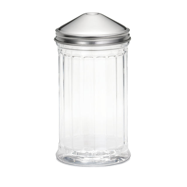 A tall, clear glass jar with vertical ridges and a stainless steel lid. The lid is silver, dome-shaped with a small dip in the center. The jar is empty and stands upright on a white background.