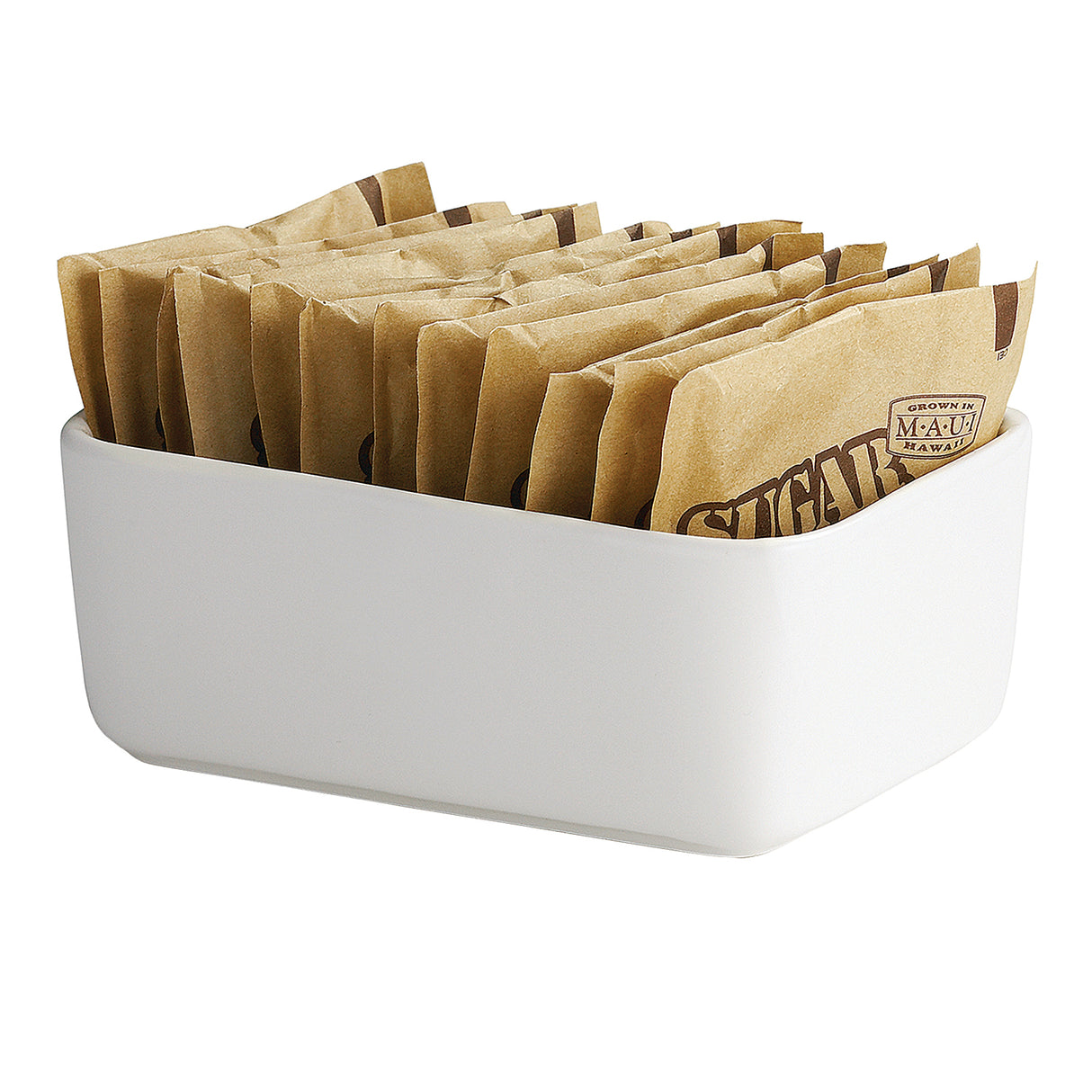 A white porcelain sugar packet holder contains several brown paper packets arranged upright. The packets, individually wrapped and labeled SUGAR and GROWN IN MAUI, sit neatly in the dishwasher safe container.