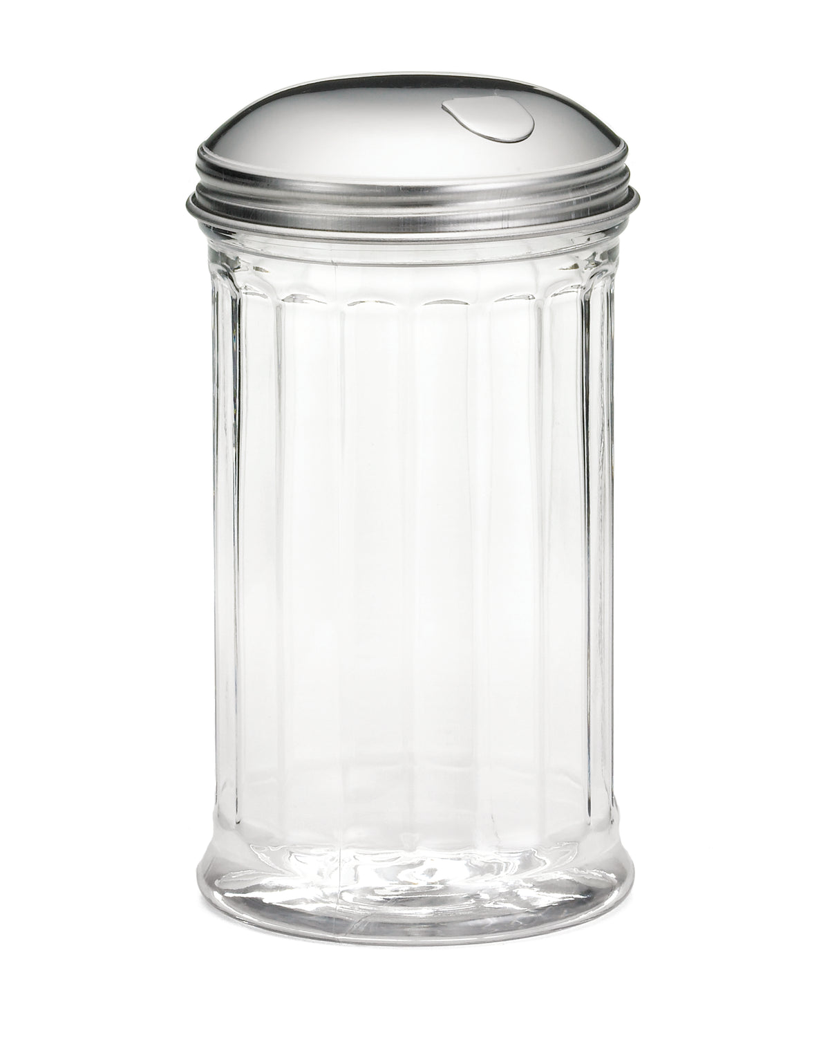 A clear, empty glass sugar dispenser with vertical ribbed sides and a shiny stainless steel lid featuring a small, curved cutout for pouring. The pourer is set against a plain white background.