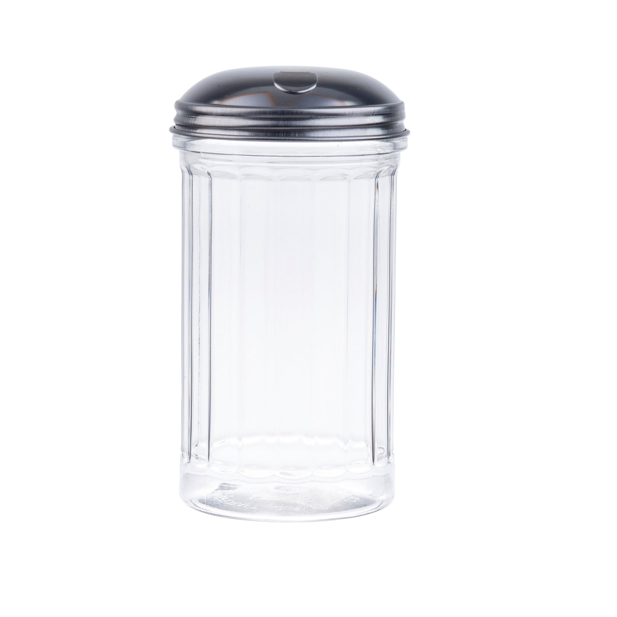A clear, empty, ribbed glass sugar pourer with a round stainless steel lid featuring a small oval opening for pouring. The image has a plain white background.