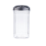 A clear, empty, ribbed glass sugar pourer with a round stainless steel lid featuring a small oval opening for pouring. The image has a plain white background.