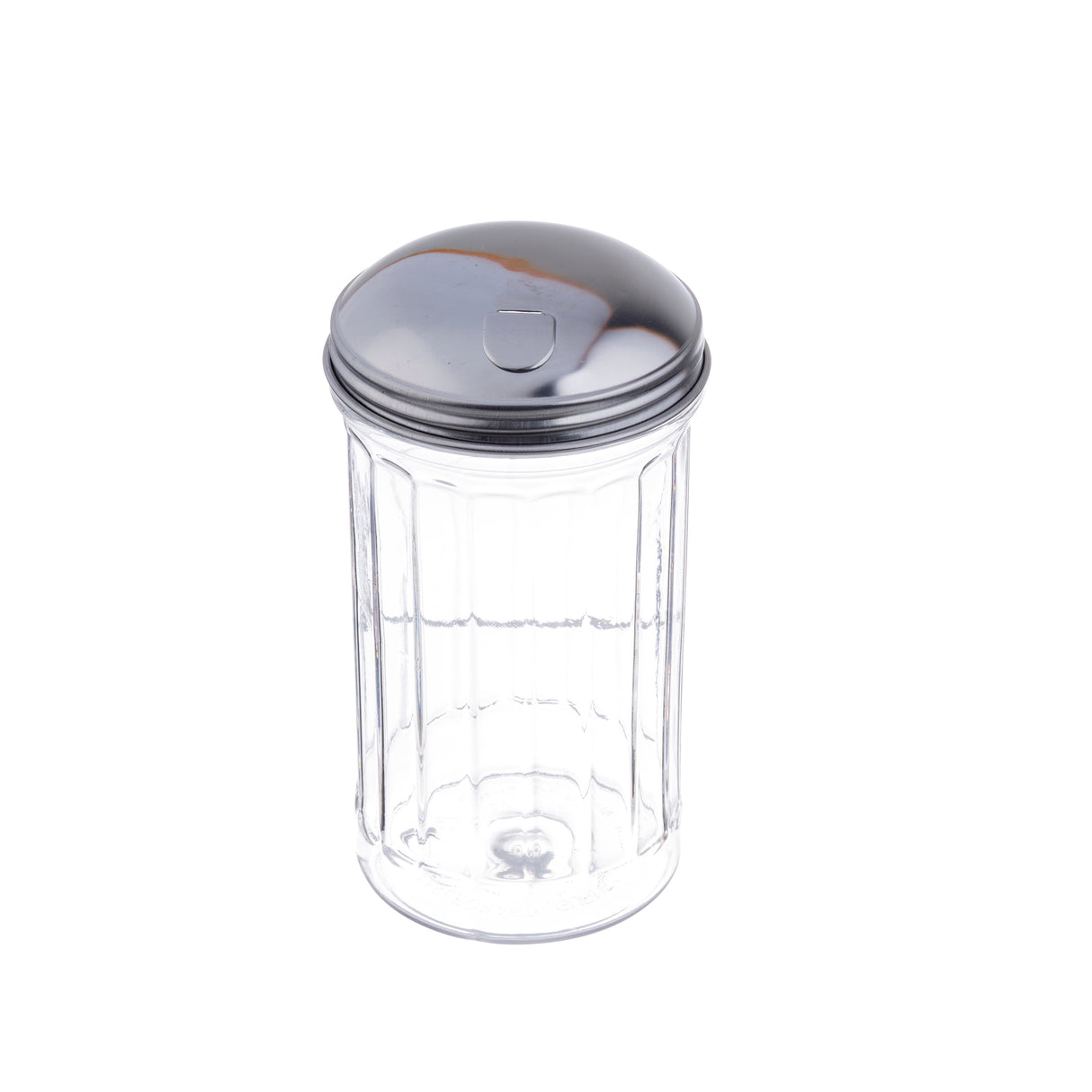 A clear, empty, ribbed glass sugar dispenser with a shiny stainless steel lid featuring a small pourer slot for easy dispensing, shown against a white background.