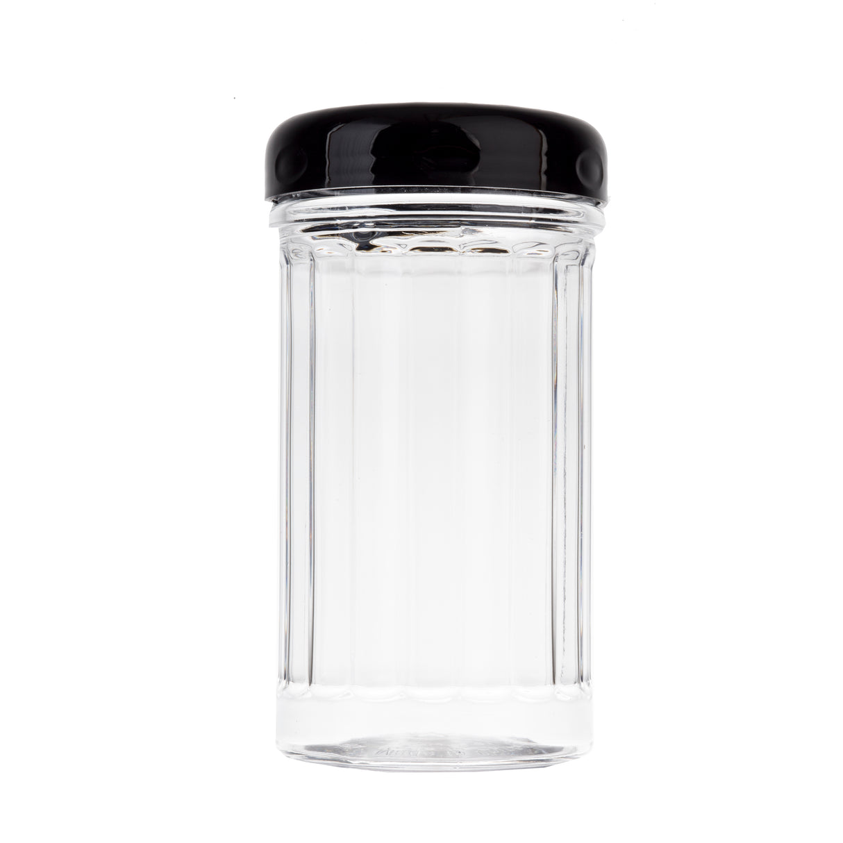 A clear, empty polycarbonate glass jar with vertical ridges and a black, glossy screw-on lid is centered against a plain white background. This cylindrical, dishwasher safe jar is clean and ideal for storing food or spices.