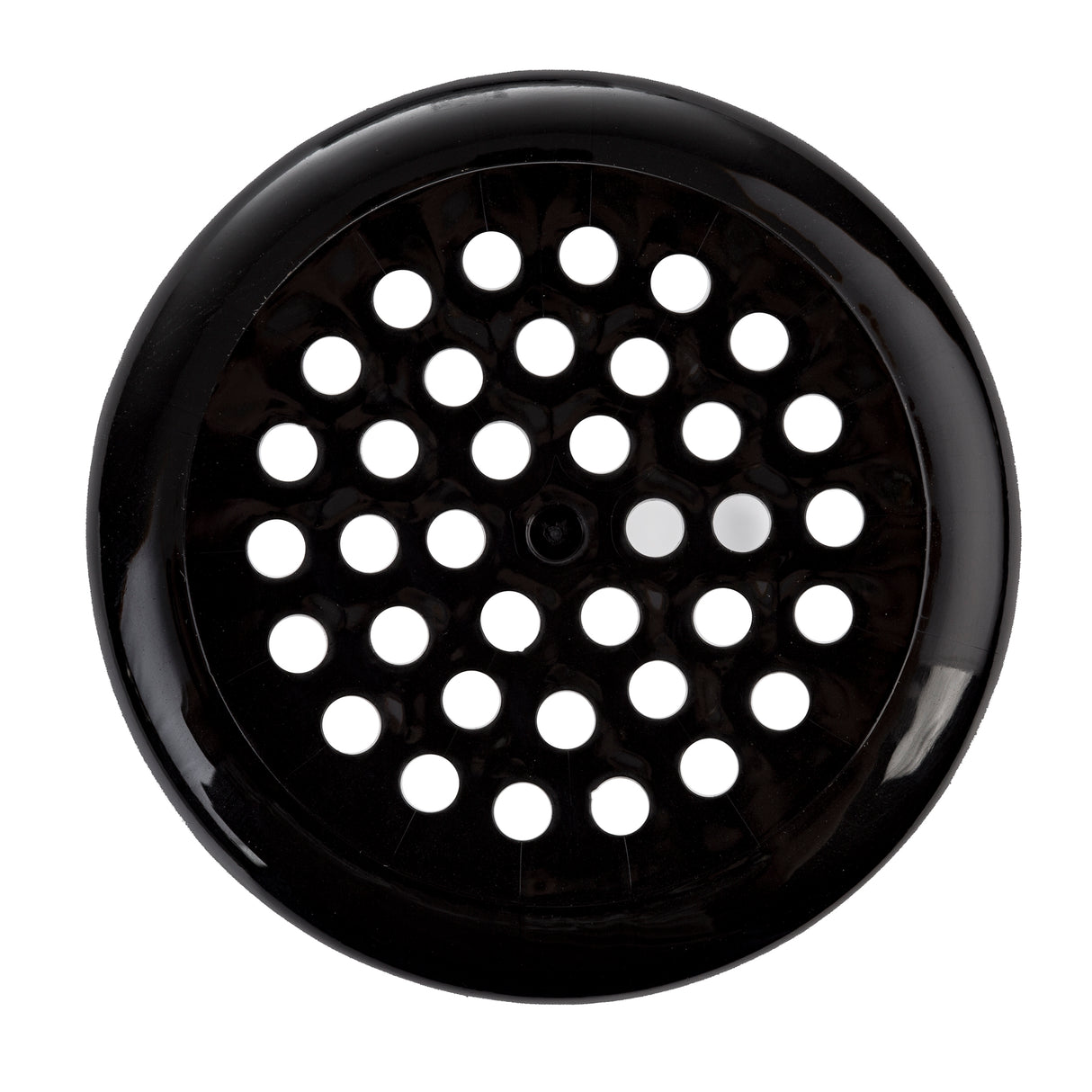 A round, black polycarbonate object with multiple evenly spaced circular holes in the center, resembling a drain cover or a Shaker grille, is shown against a white background.