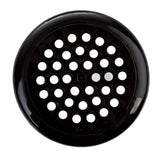 A round, black polycarbonate object with multiple evenly spaced circular holes in the center, resembling a drain cover or a Shaker grille, is shown against a white background.