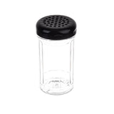A clear, empty polycarbonate shaker jar with vertical ridges and a black perforated plastic lid, placed on a white background. This dishwasher safe shaker features multiple holes for dispensing seasonings like parmesan cheese or chili flakes.