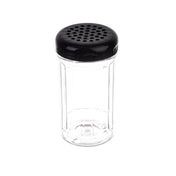 A clear, empty polycarbonate shaker jar with vertical ridges and a black perforated plastic lid, placed on a white background. This dishwasher safe shaker features multiple holes for dispensing seasonings like parmesan cheese or chili flakes.