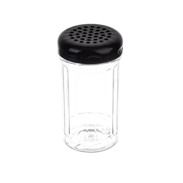 A clear, empty polycarbonate shaker jar with vertical ridges and a black perforated plastic lid, placed on a white background. This dishwasher safe shaker features multiple holes for dispensing seasonings like parmesan cheese or chili flakes.