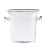 A clear glass wine bucket, TableCraft PB5115, with a flared rim and two round handles on each side. The 1.5 qt bucket features subtle horizontal etched lines as decoration and is empty against a white background.
