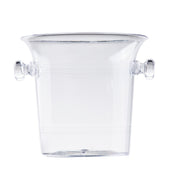 A clear glass wine bucket, TableCraft PB5115, with a flared rim and two round handles on each side. The 1.5 qt bucket features subtle horizontal etched lines as decoration and is empty against a white background.