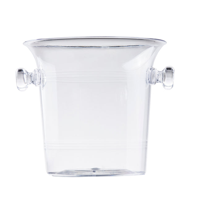 A clear glass wine bucket, TableCraft PB5115, with a flared rim and two round handles on each side. The 1.5 qt bucket features subtle horizontal etched lines as decoration and is empty against a white background.