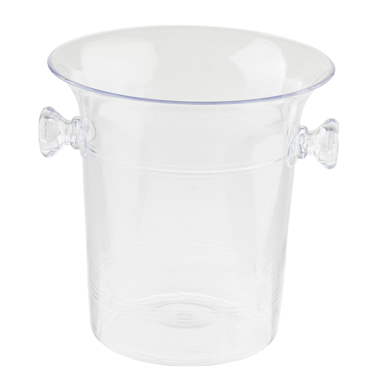 A clear, empty TableCraft plastic wine bucket with a 3-1/2 qt capacity features a wide rim, two round side handles, and a slightly flared cylindrical shape. Photographed on a white background.