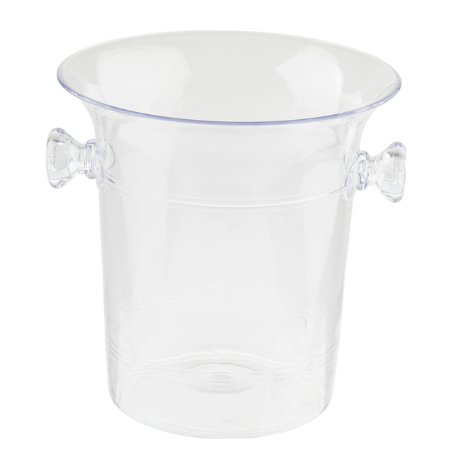A clear, empty TableCraft plastic wine bucket with a 3-1/2 qt capacity features a wide rim, two round side handles, and a slightly flared cylindrical shape. Photographed on a white background.
