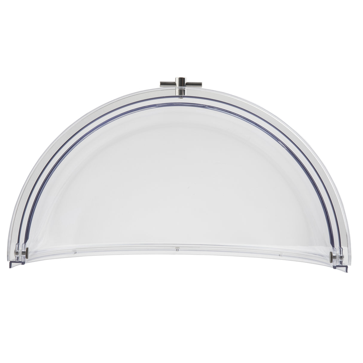 A clear, semicircular polycarbonate dome cover with a hinged center handle and blue rubber seal along the curved edge, designed to protect food while allowing easy visibility. This dishwasher-safe cover is shown against a plain white background.